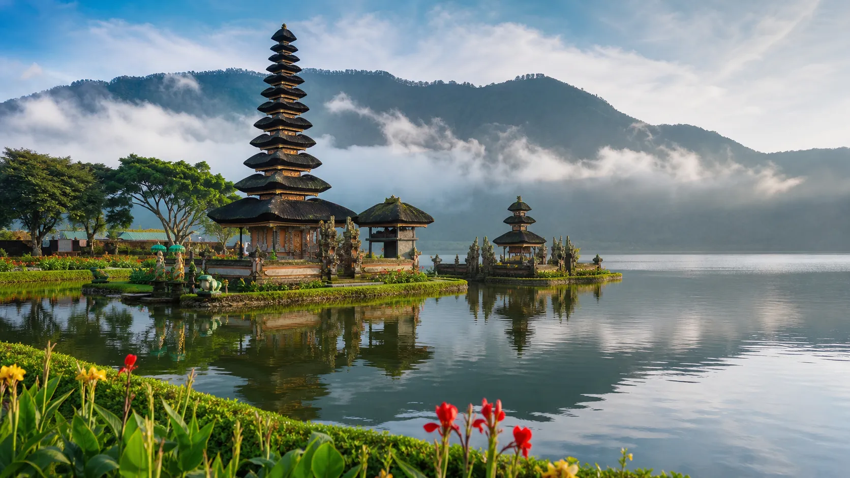 Pura Ulun Danu Beratan beside a calm Balinese highland lake