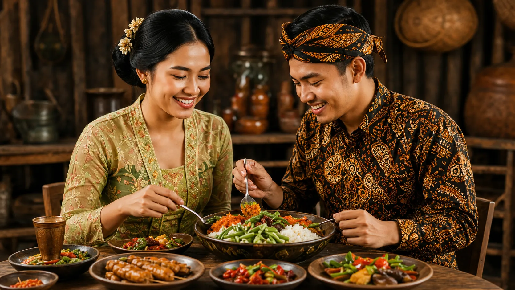 An Indonesian couple in traditional Javanese clothing sharing a meal