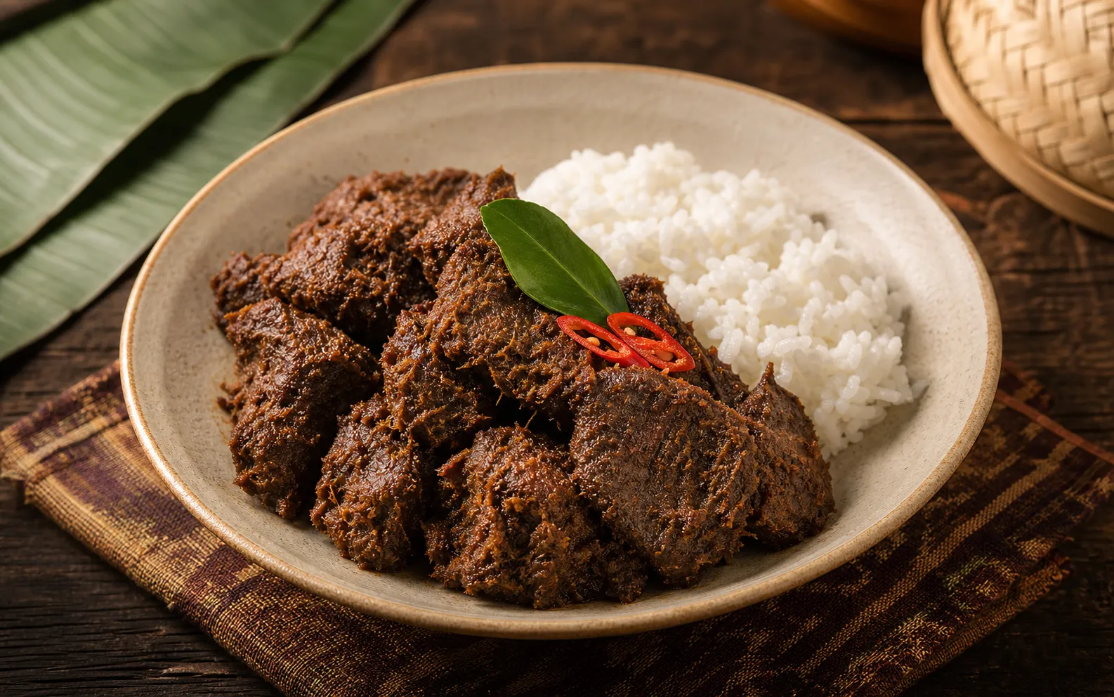 Dark beef rendang coated in dried spice paste, served with white rice