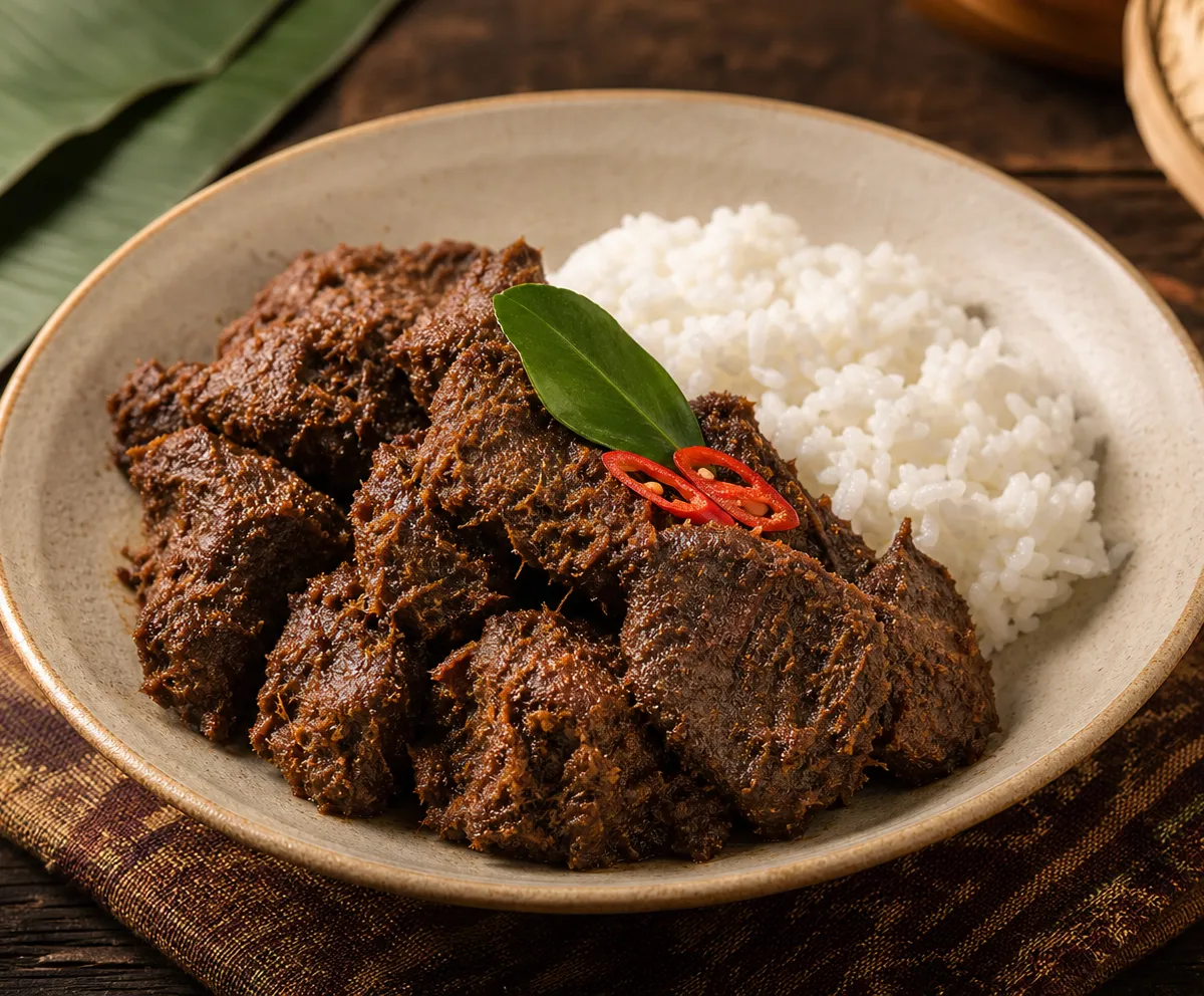 Padang-style beef rendang served with white rice