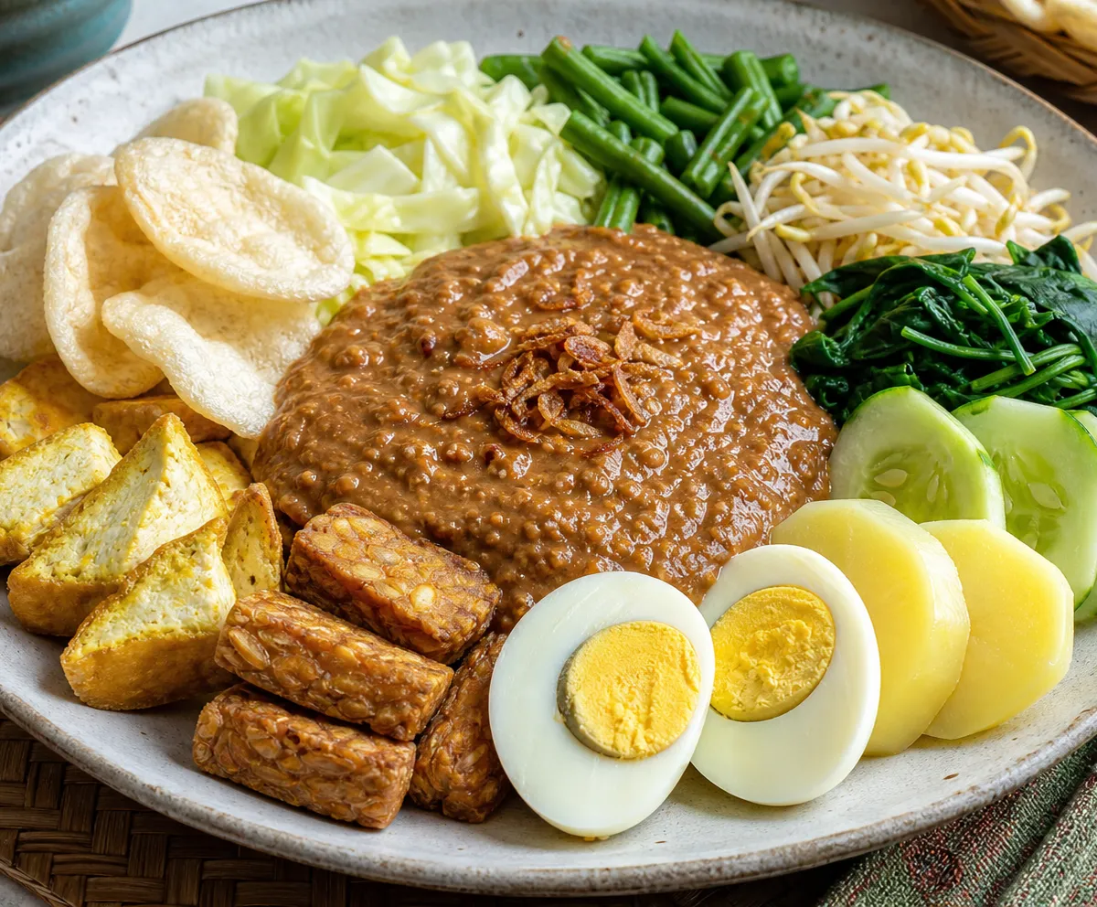 Gado-gado with vegetables, tofu, tempeh, egg, and peanut sauce