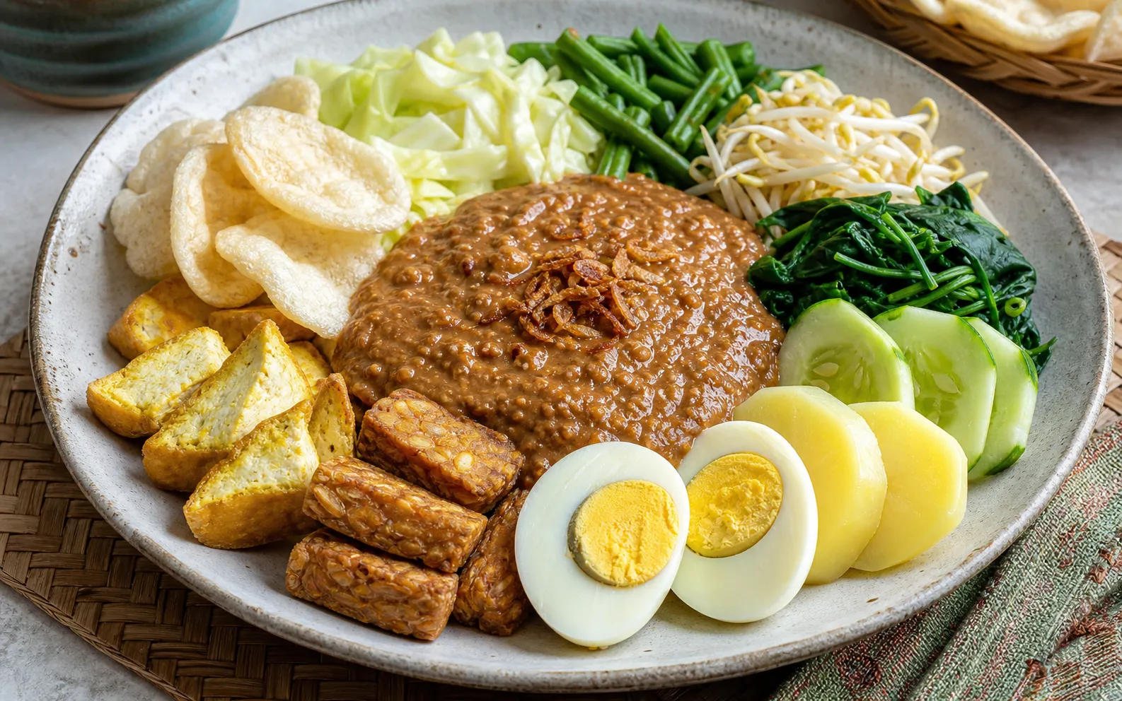 A plate of gado-gado vegetables and tofu covered in peanut sauce