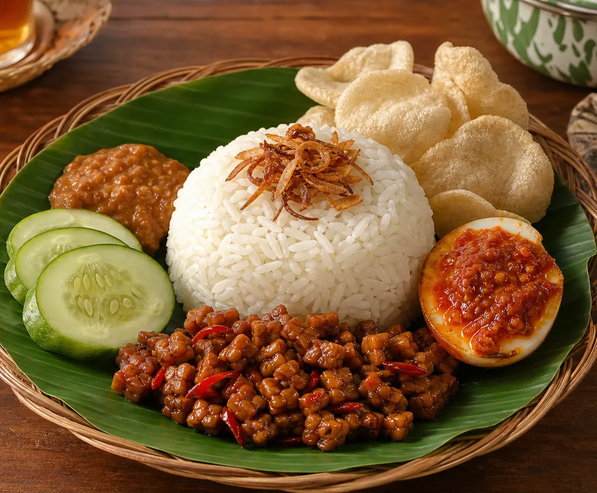 Nasi uduk served with tempe orek, egg, sambal, cucumber, and crackers