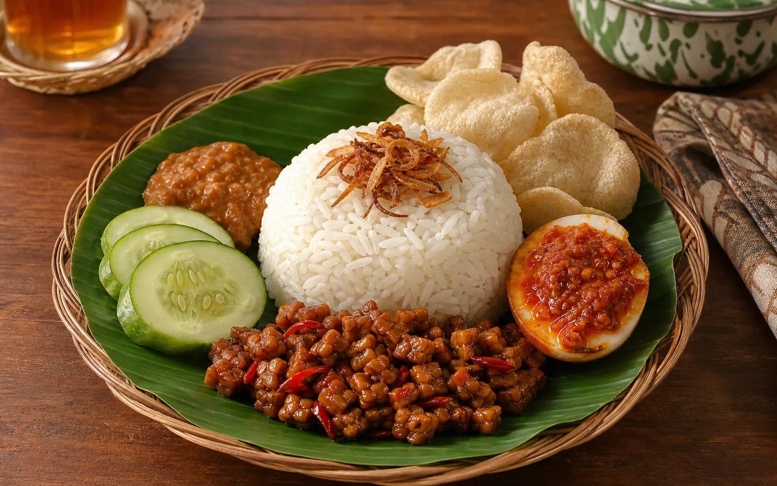 A plate of nasi uduk with fried shallots, tempe orek, and sambal