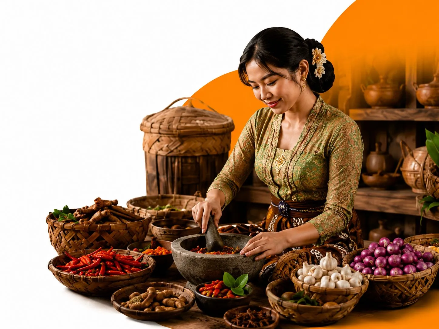An Indonesian cook in traditional dress preparing spices with a stone mortar