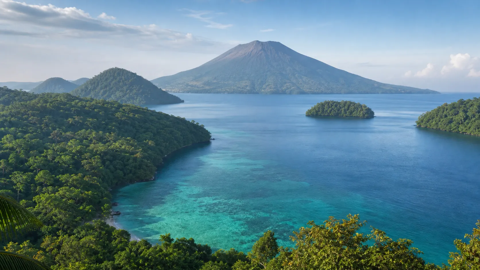 The turquoise waters, forested islands, and volcano of the Banda Islands
