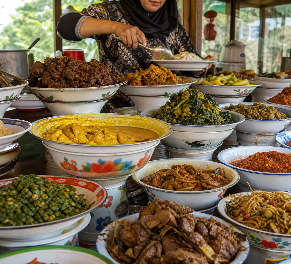A Nasi Kapau stall displaying an assortment of West Sumatran dishes