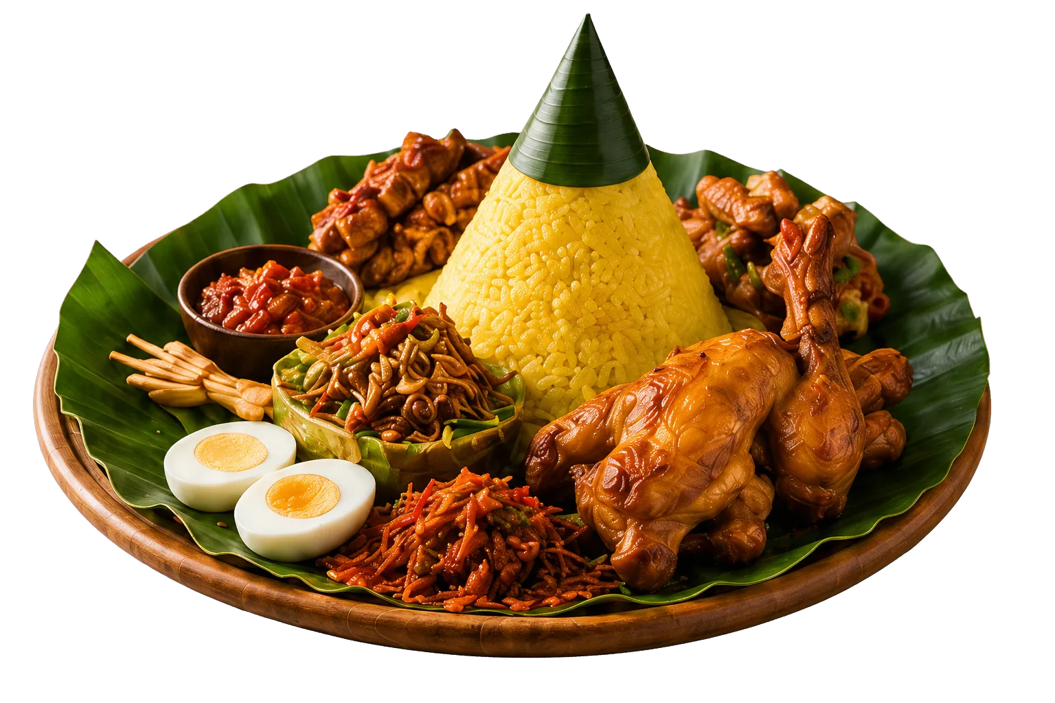 Nasi tumpeng feast with yellow rice, braised chicken, eggs, sambal, noodles, and vegetables