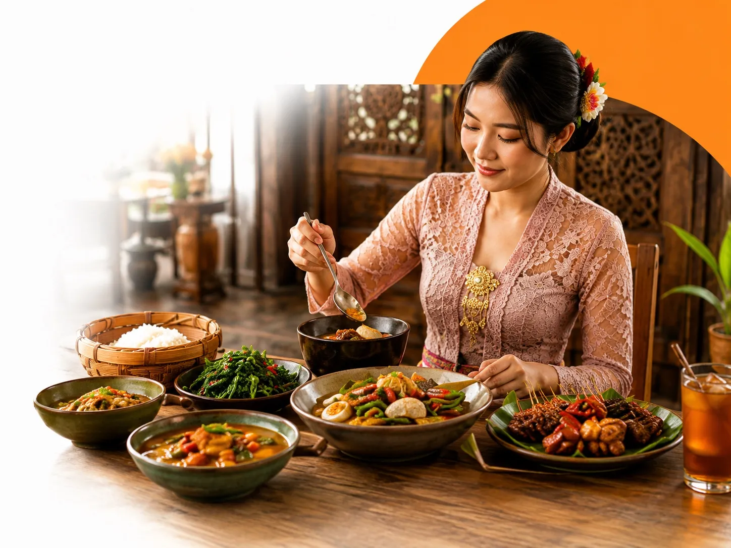 An Indonesian woman enjoying a table of traditional dishes