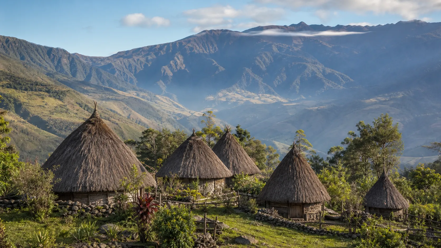 Traditional honai houses in Papua's green Baliem Valley