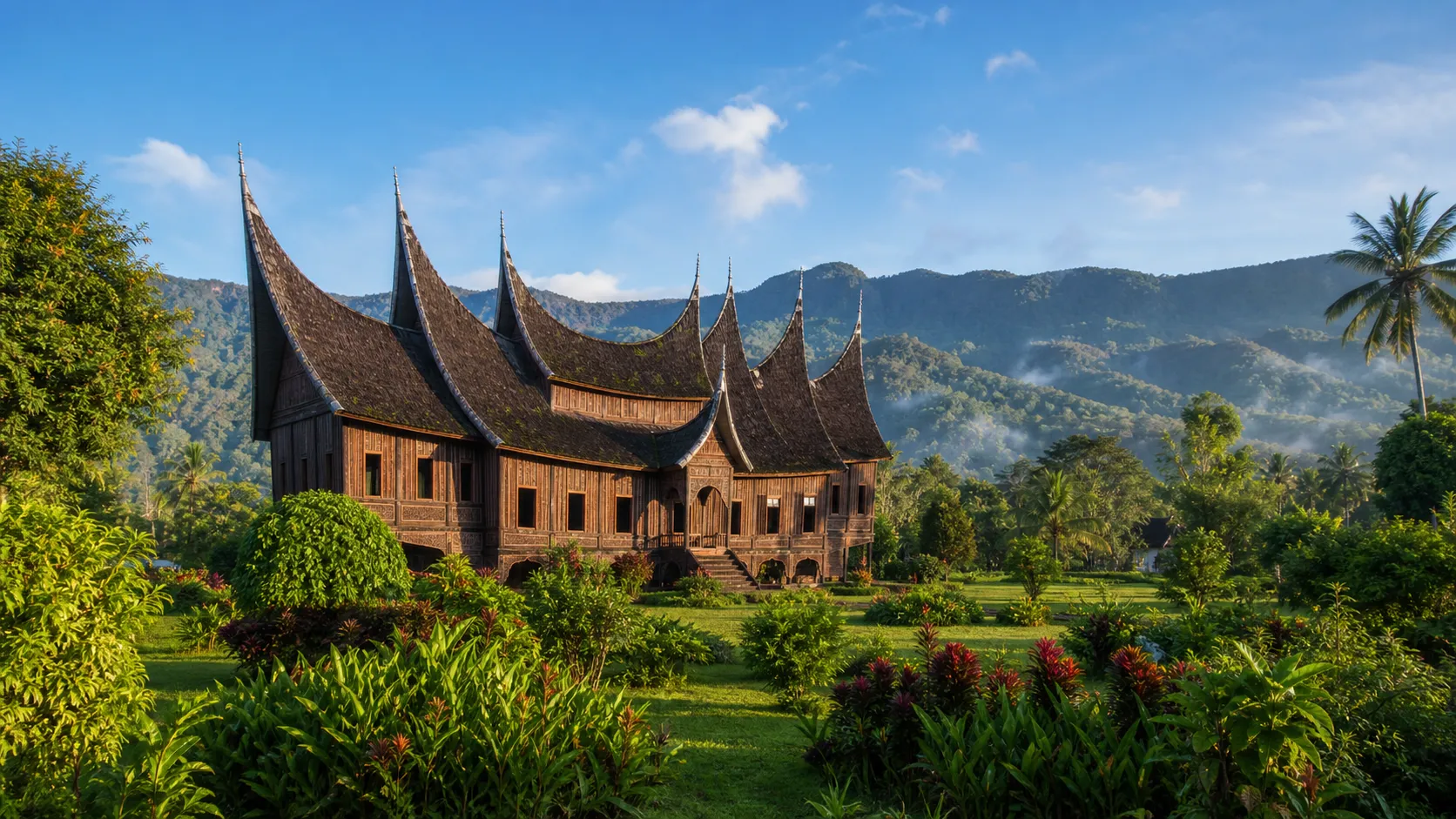 Traditional Minangkabau Rumah Gadang among lush Sumatran hills