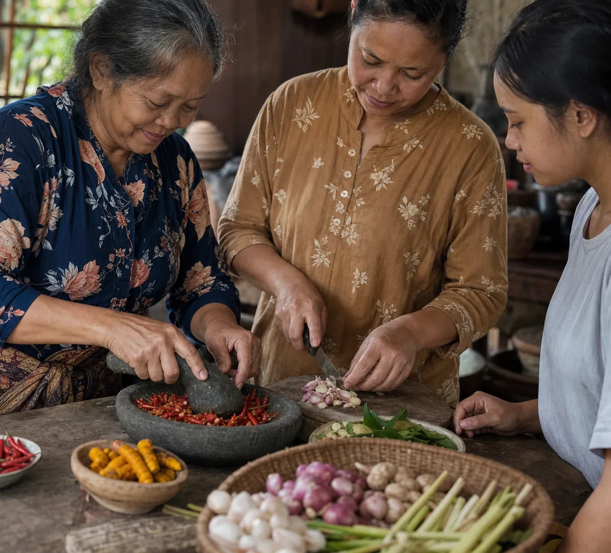 Three generations preparing Indonesian spices together in a traditional kitchen
