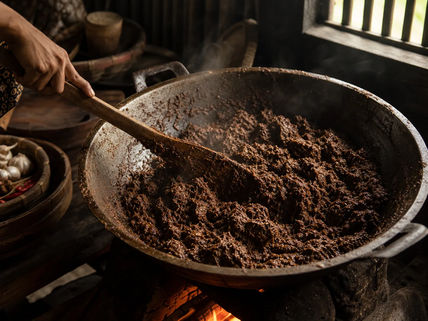 Rendang slowly reducing in a wide pot over a traditional wood fire
